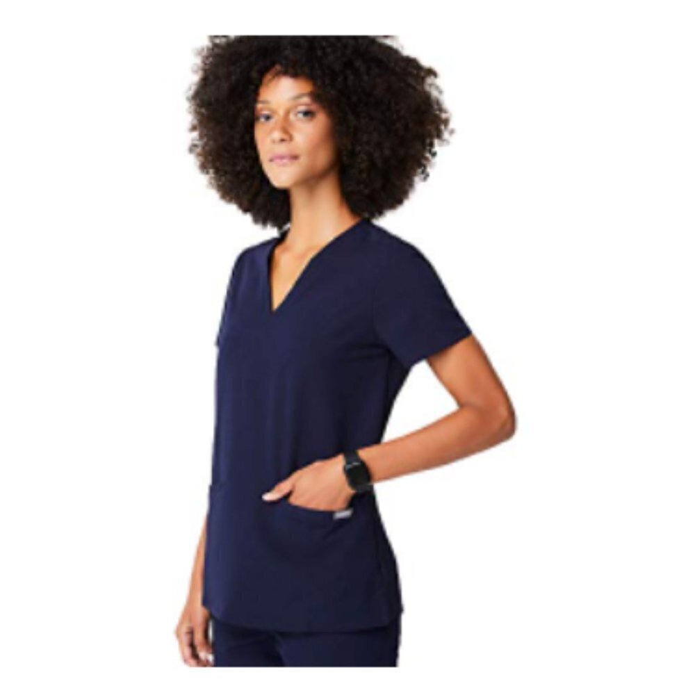 Figs Short Sleeve V-Neck Top in Navy Blue